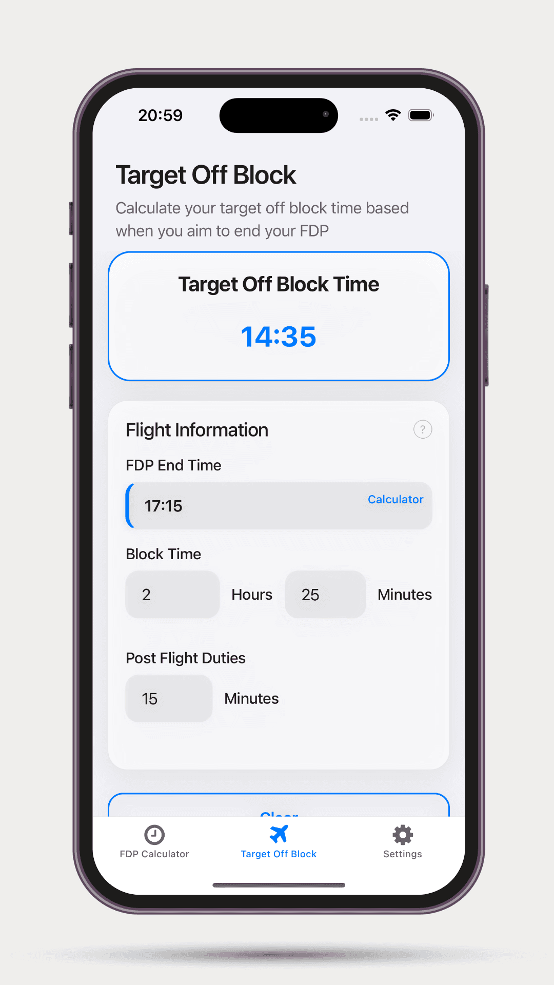 Target Off-Block Time Calculator interface preview